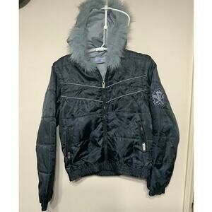 Disneyland Faux Fur Hood Zip Jacket Black Gray Girls Kids Size Medium USED